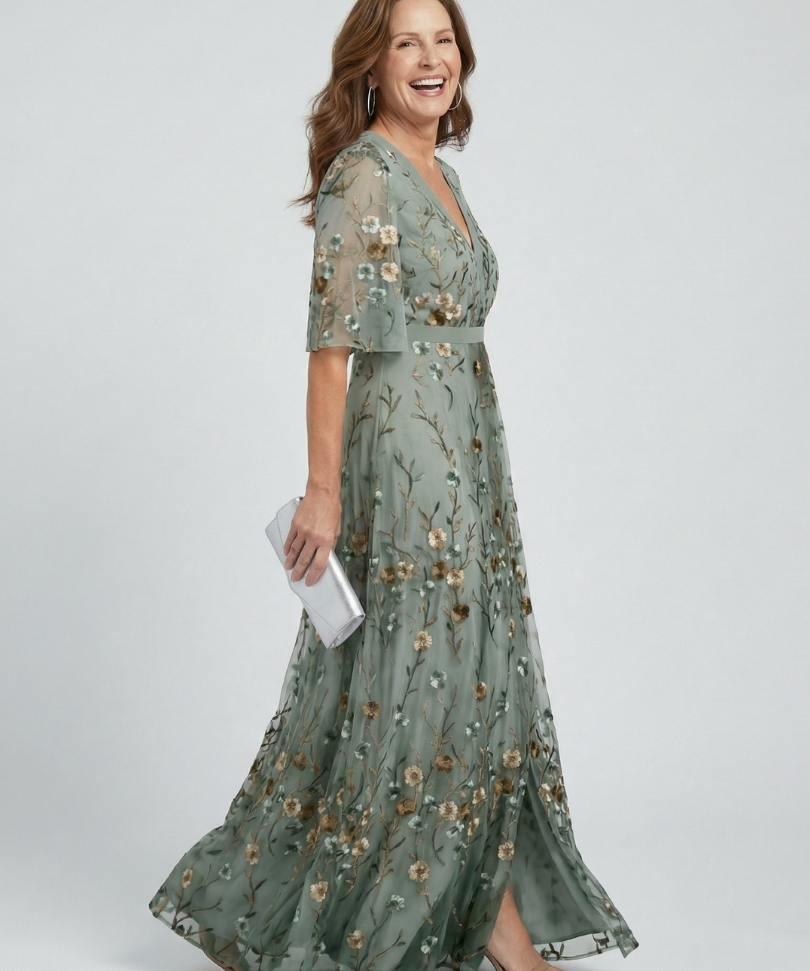 Selena™ | Vestido Maxi Halter Floral en Verde Salvia