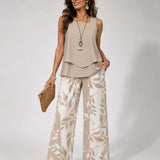 Ernestina™ | Conjunto Natural Blusa Beige y Pantalón Botánico