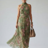 Mirella™ | Vestido Midi Halter Floral con Detalle Fruncido