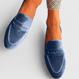 Llnica Mocasines de Terciopelo Azul con Detalle Patchwork y Punta Redonda